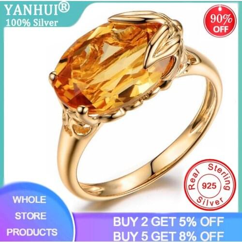 YANHUI Silver 925 Jewelry Rings For Women Oval Shape Topaz Citrine Gemstone Ring Party Female Silver Ring Fine Jewely ZR441