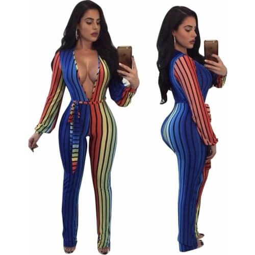 2019 Spring Women Striped Jumpsuit Plus size Clothing Sexy V-neck Bodysuit Sashes