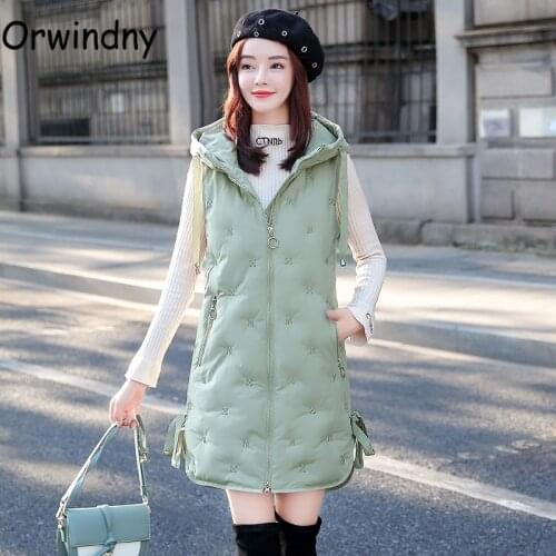 Orwindny Womens Warm Vest Slim Fashion Long Waistcoat Embroidery Jacket Coat Sleeveless Hooded Snow Wear Cotton Parkas Female