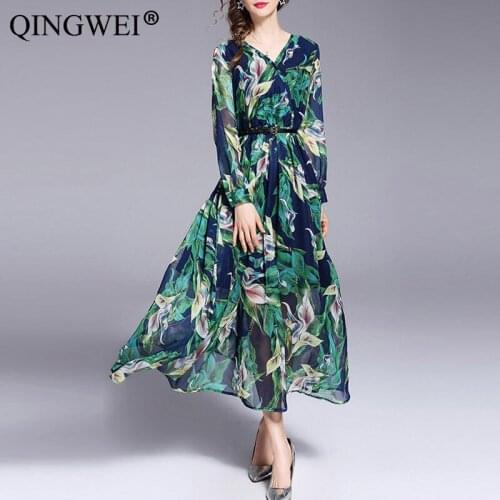 Women Long Maxi Dresses Bohemia V-neck Chiffon Floral Print Ethnic Spring Summer Beach Female Split Stylish Style Dress