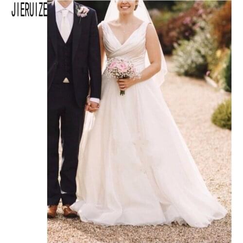 JIERUIZE Modest Ruched Wedding Dress 2020 V Neck Backless A-line Bridal Gown Vestidos de Novia