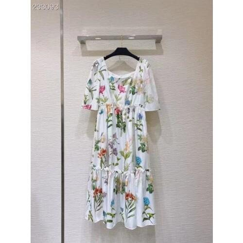 Vintage Midi Dress Womens Square Collar Short Sleeves Flowers Print Ladies Party Runway Holiday Dress