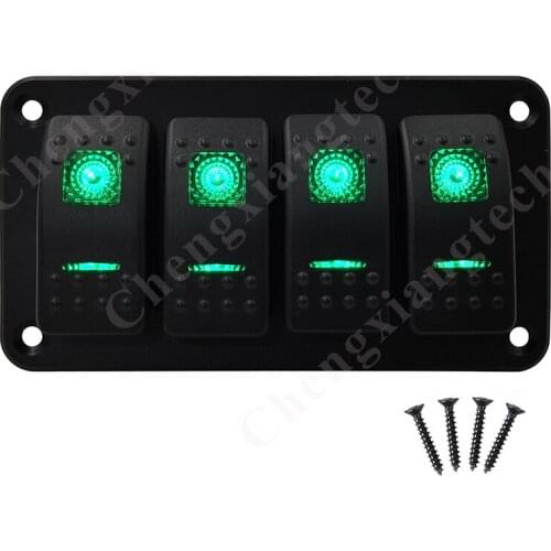12V 24V 4 Gang Aluminum Green Led Light Rocker Toggle Switch Panel 5Pin On Off SPST Switch For Car Truck Caravan Marine Boats