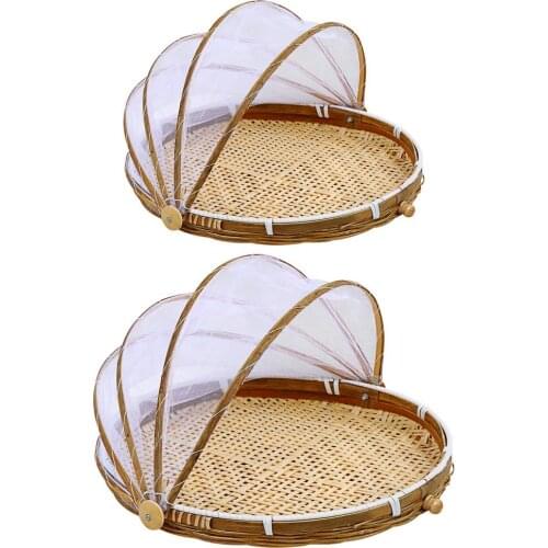 Hot Bamboo Food Fruit Storage Baskets Foldable Hand-Woven Food Serving Tent Dustpan Fruit Dustproof Cover Picnic Mesh Net Cover