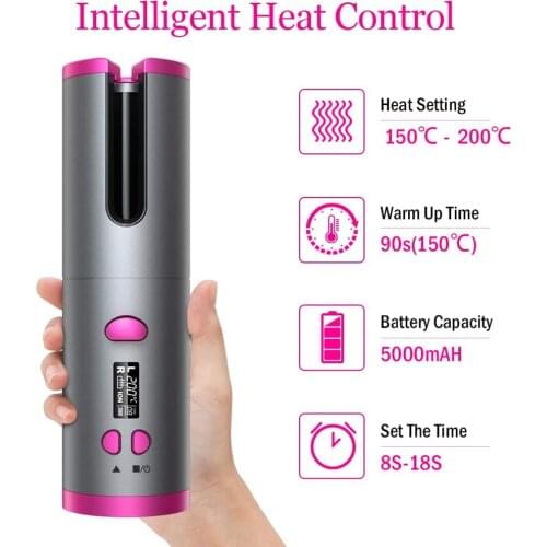 Wireless Automatic Curling Iron USB Rechargeable LCD Display Air Curler 6 Adjustable Temperature Cordless Wave Iron Hair Curler