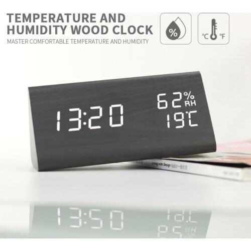 Wooden Digital Electronic Alarm Clock Triangle Wooden Clock Creative Voice Control LED Can Display Temperature And Humidity