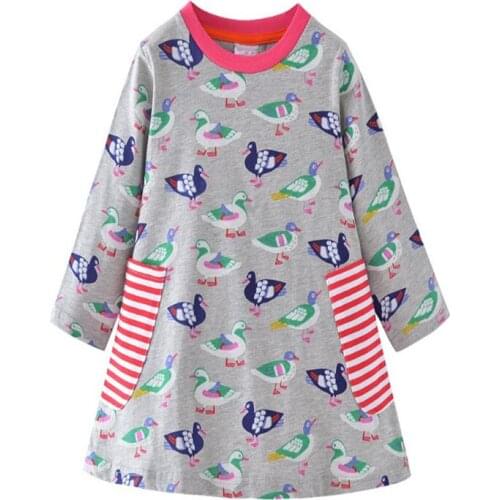 Funnygame New Arrival Long Sleeve Animals Ducks Print Cotton Girls Dresses for Autumn Spring Childrens Clothing Pockets Dress