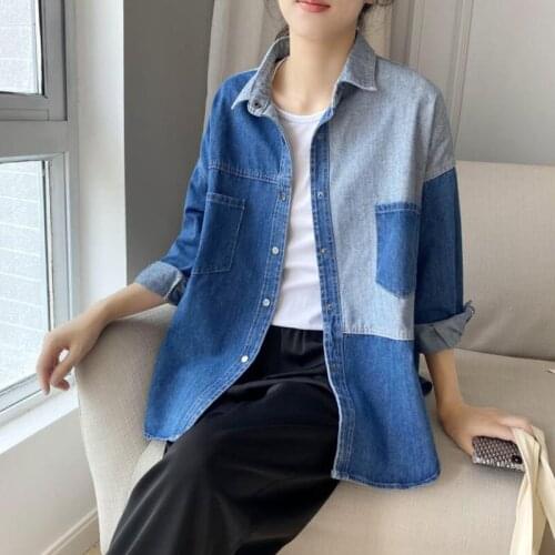 SeeBeautiful Contrast Color Large Size Denim Shirt Lapel Long Sleeve Single Breasted Pockets New Fashion 2021 Autumn E931