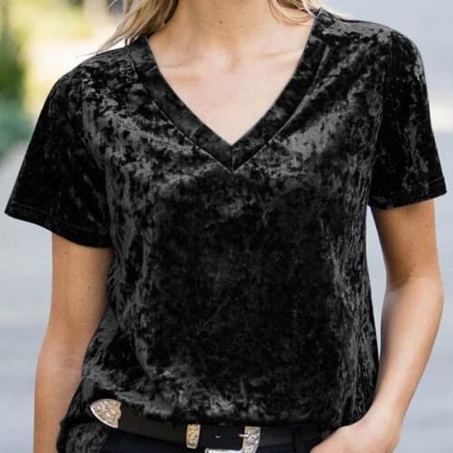 Fashionable New T-shirt For Women Gold Velvet V-neck Short Sleeve Soft T Shirt Large Size Solid Color Wild Temperament Tops 2XL