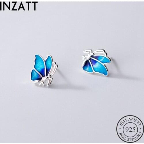 INZATT Real 925 Sterling Silver Colorful Butterfly Stud Earrings For Fashion Women Party Cute Animal Fine Jewelry Accessories