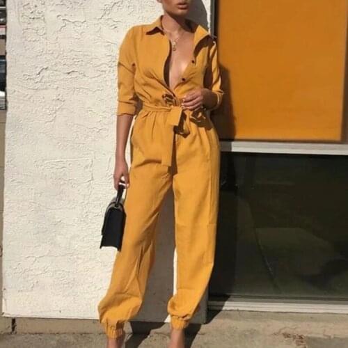 Foridol button up casual long pants jumpsuits women long sleeve autumn winter overalls casual streetstyle yellow jumpsuits 2020