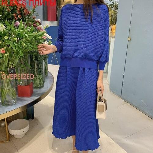 Fashion Casual Skirt Suit Women Autumn New Loose Sweater Miyake Pleated Top Long Skirt Two-piece Suit Skirts Set Tshirt Suit