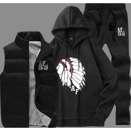 Men Tracksuit Set 3 Pieces 2021 Coat Fleece Hoodies Sweatshirts+Sweatpants Suit Autumn Winter Warm Logo Printed Hooded Pullover