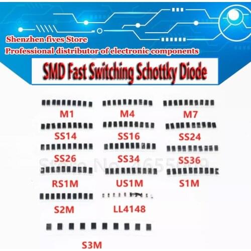 SMD Fast Switching Schottky Diode Assorted Kit Set (M1 M4 M7 S1M S2M S3M SS14 SS16 SS24 SS26 SS34 SS36 RS1M US1M LL4148)