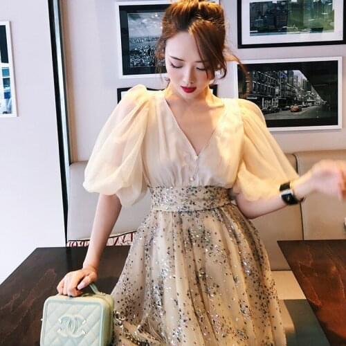 New design fashion women v-neck gauze puff half sleeve high waist paillette colorful crystal patchwork short dress vestidos