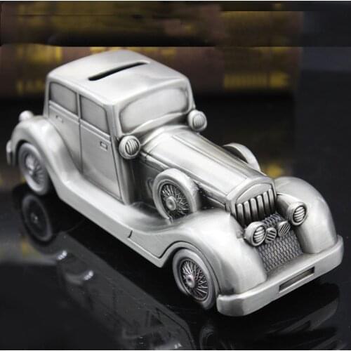 Pewter Finish Vintage Wecker Beat-up Car Figurines Zinc Alloy Coin Saving Bank Box