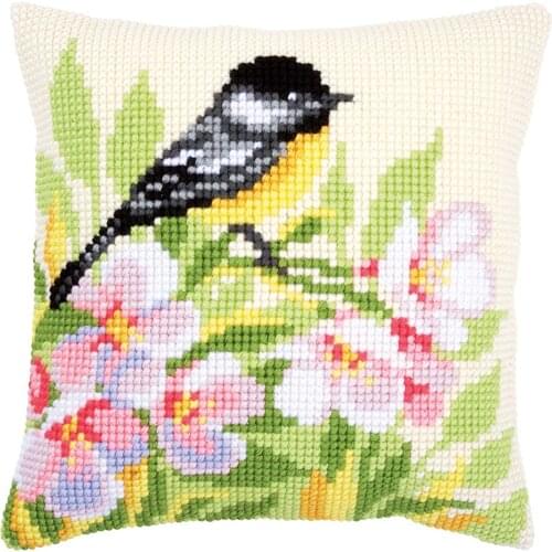Cross Stitch Cushion Front Tit & Blossoms Needlepoint Kits Printed Canvas Chunky Yarn Cross-stitch Pillow Case Hobby & Crafts