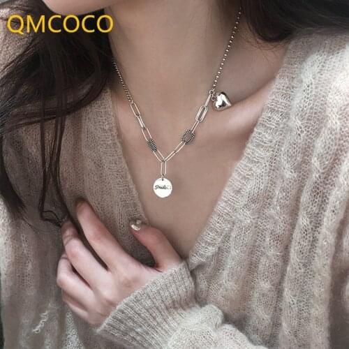 QMCOCO Fashion Vintage 925 Silver Creative Smile Letter And Herat-Shape Pendant Chain For Women Party Jewelry Gift