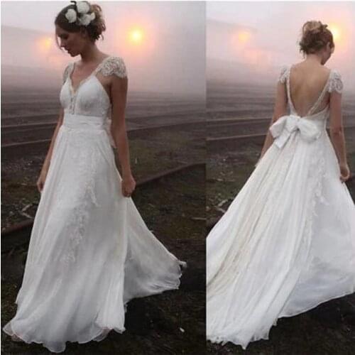 Boho Chiffon Wedding Dress Cape Sleeve V Neck Lace Beach Country Garden Bride Gown Свадебное Платье Robe De Soirée De Mariage