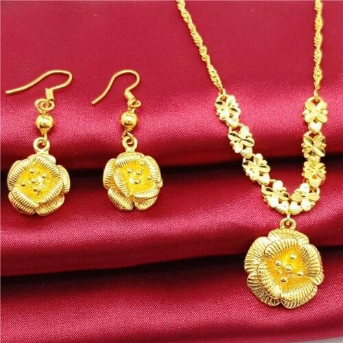 Vintage Rich Flower Bridal Accessories Yellow Gold Filled Beautiful Womens Pendant+Earrings Set Fashion Gift
