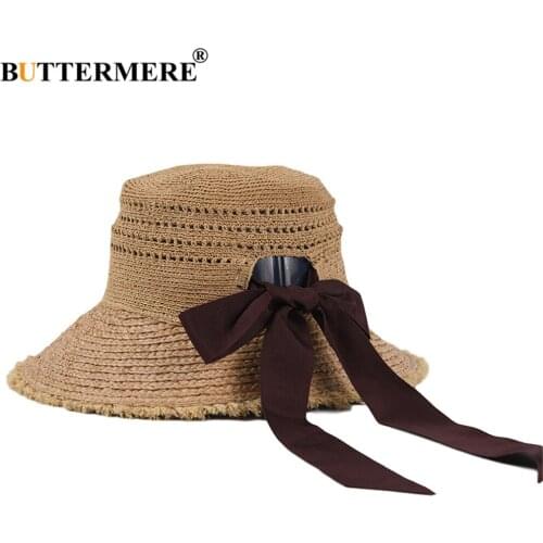 BUTTERMERE Straw Hat Bow Raffia Womens Sun Hat Wide Brim Bucket Cap High Quality Ladies Summer Beach Hat