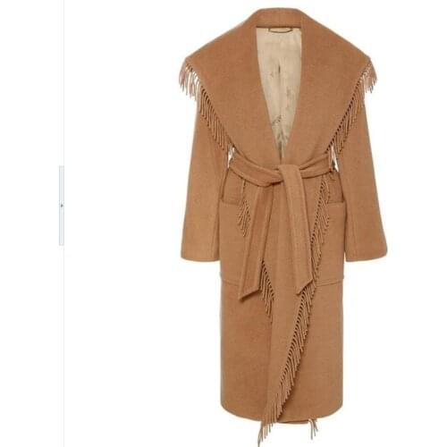Women Woolen Coats Belt Fashion Autumn Winter Overcoat Female Bohemian Tassel Long Coat