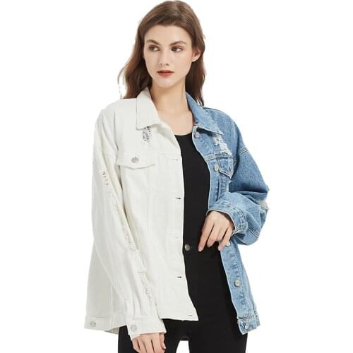 2021 Autumn and Winter New Large Size Loose Holes Denim Female Coat Fashion Leisure Retro Street Splicing Blue White Jacket Tops