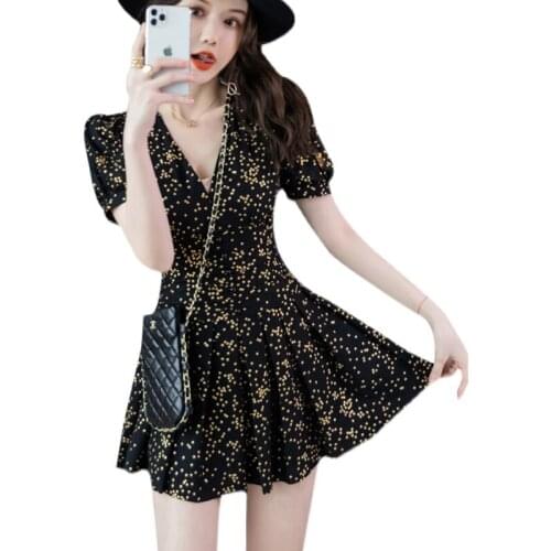 Black Sexy Women Mini Short Dress Deep V Neck Korean Dresses Vestidos 2021 Vintage Summer New Shorts Sleeve chiffon dress 900G