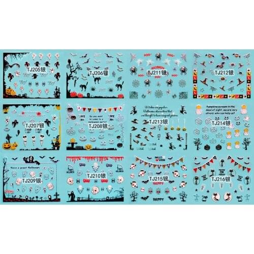 12 SHEETS / LOT GOLDEN & SILVERY INAID 3D METALLIC NAIL DECAL SELF ADHESIVE STICKER HALLOWEEN WITCH GHOST TJ205-216