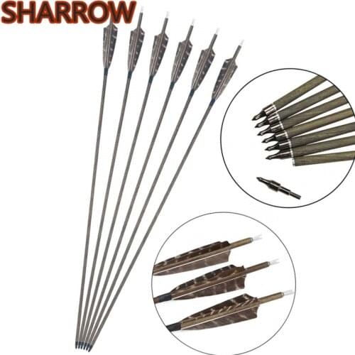 12Pcs 30" Archery Pure Carbon Arrows SP350 Wood Skin Shaft Turkey Feathers Broadhead Arrow Carbon Hunting Shooting Accessories