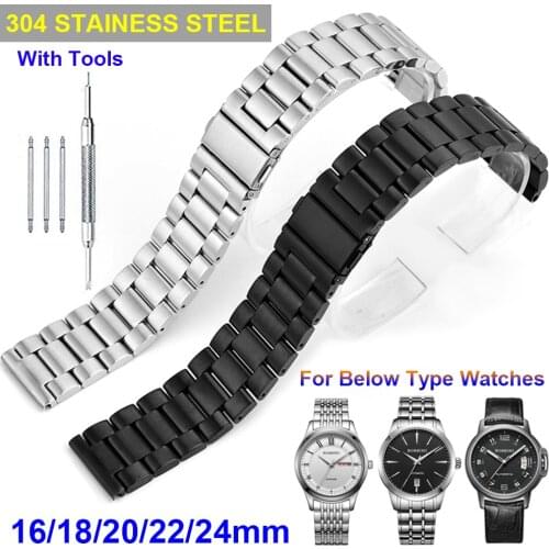 16-24mm Stainless Steel Watch Band Black Silver Belt Buckle Clasp Women Men Replacement Watch Strap Bracelet Relogio Feminino