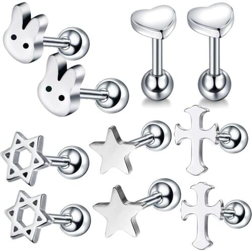 5 Pairs Love Stars Cross Stainless Steel Earrings Set for Studs Earrings Hoops Tragus Cartilage Body Piercing Jewelry Girls Gift