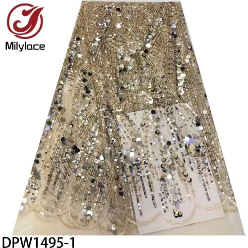 African Embroidery Tulle Lace Fabric with Sequins High Quality French Mesh Lace Fabric 5 Yards for Wedding Dress DPW1495