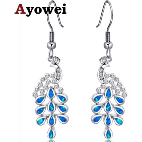 Ayowei Party gift New Design Peacock Animal Design for ladies 925 Silver Blue Fire Opal Drop Earrings Fashion Jewelry OE703A