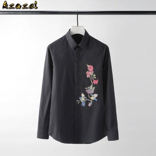 Azazel Cotton Mens Shirts Luxury Rose Embroidery Long Sleeve Mens Dress Shirts Plus Size 4xl Solid Mens Shirts Casual Slim Fit