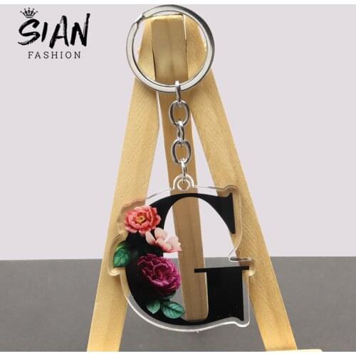 26 English Letters Acrylic Keychain Letter with Flowers Pattern Double-Sided Car Keyring Unisex Trendy Jewelry Accessories Gift