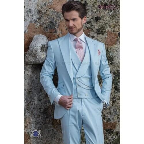 Hot Sale One Button Light Blue Groom Tuxedos Peak Lapel Groomsmen Mens Wedding Prom Suits (Jacket+Pants+Vest+Tie) NO:114