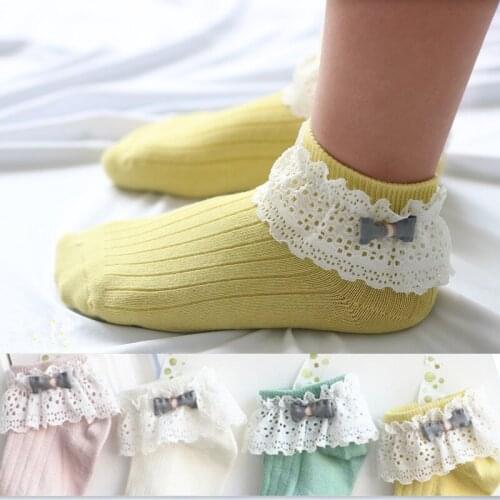 Infant Baby Girls Cotton Socks Ruffled Lace Bowknot Princess Sock Kids Soft Short Socks Solid Color Spring Autumn 1-5Years