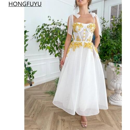 HONGFUYU A Line Tea Length Prom Dresses with Pockets Bow Straps Formal Evening Gowns Golden Petals robes de cocktail Party Dress