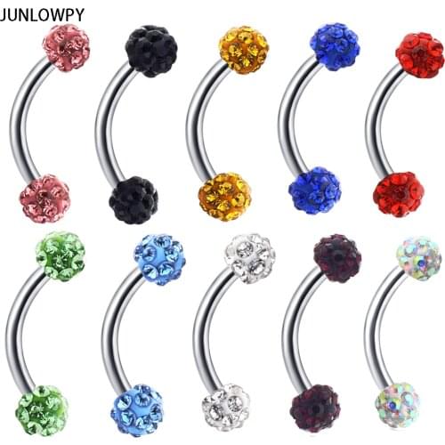 JUNLOWPY Surgical Steel Curved Barbell Crystal Eyebrow Ring Tragus Helix Piercing Lip Bar Earring Body Jewelry 30pcs 6/8/10mm