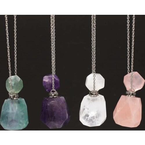 KFT Natural Stones Essential Oil Diffuser Perfume Bottle Healing Crystal Quartz Faceted Perfume Bottle Stone Pendant Necklace