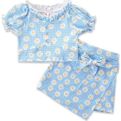 2Pcs Little Girls Outfit, Summer Creative Daisy Printing Stringy Selvedge Short Sleeve Button Tops + Pantskirt Set