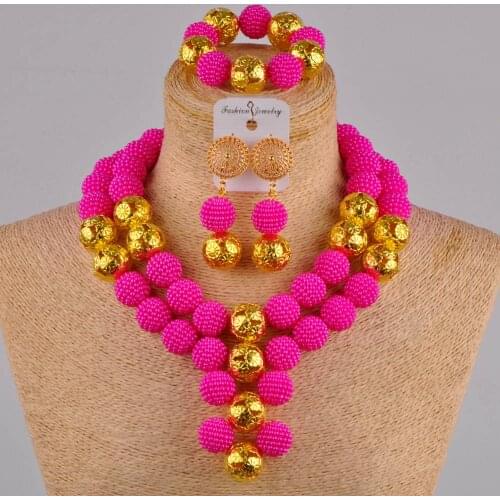 Fashion new fuchisa pink african beads jewelry set simulated pearl necklace earrings for women FZZ16