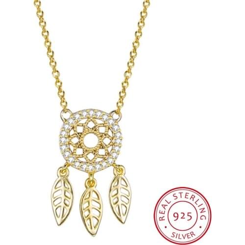 LEKANI Crystal 925 Silver Dream Catcher Feather Necklace Pendant Rhinestones Fashion Dreamcatcher For Women Gift