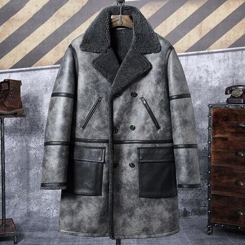 2019 New Shearling Coat Mens Gray B3 Bomber Jacket Leather Jacket Mens Winter Coats Long Fur Jacket Trench Coat