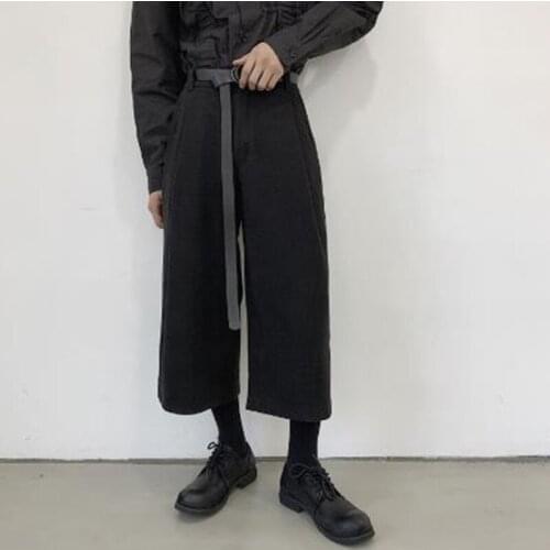 Men Black Loose Casual Woolen Wide Leg Pants with Belt Male Japan Streetwear Hip Hop Gothic Straight Harem Trouser Kimono Pant