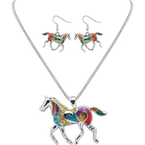 Fashion Women Jewelry Drop Oil Rainbow Horse Necklace Earrings Set For Women Girls Gift Party
