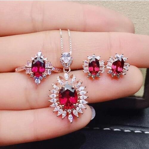 Real Natural Garnet jewelry set Natural Real Garnet 925 sterling silver 1pc pendant,1pc ring,2pcs Earring