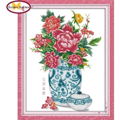 GG Fortune Comes with Blooming Peony Chinese Flowers Needlework Cross Stitch Kits for Embroidery Home Decor Cross-stitch Set