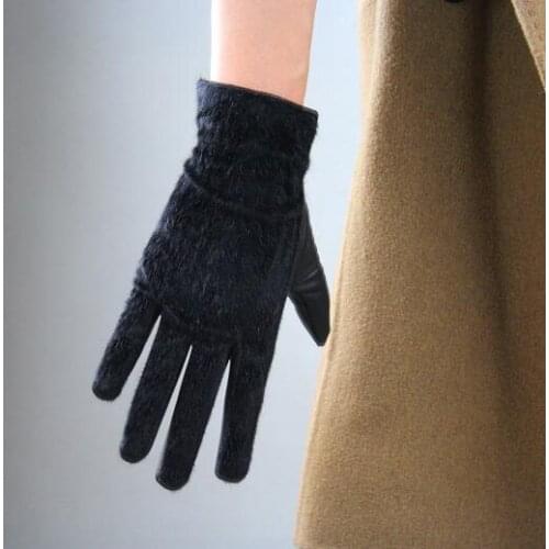 Womens autumn winter fleece lining thicken warm natural leather glove ladys genuine leather short driving glove R2133